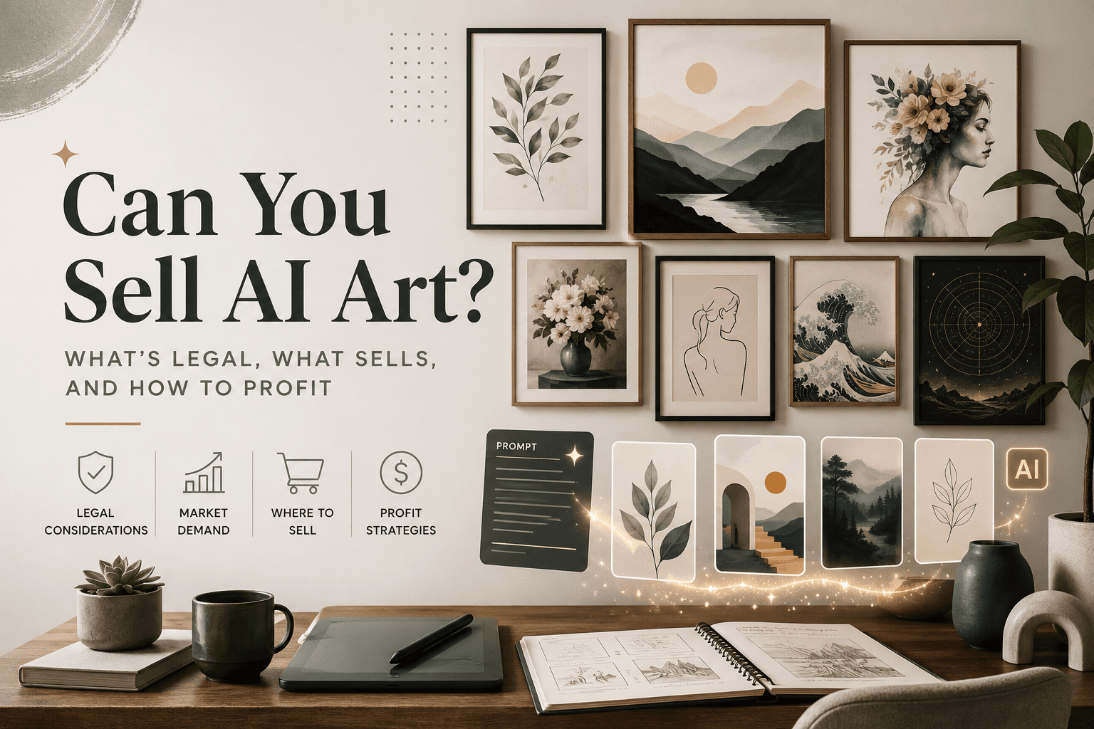 AI art commercial use guide cover showing sellable AI-generated artwork concepts for Etsy and print on demand sellers.