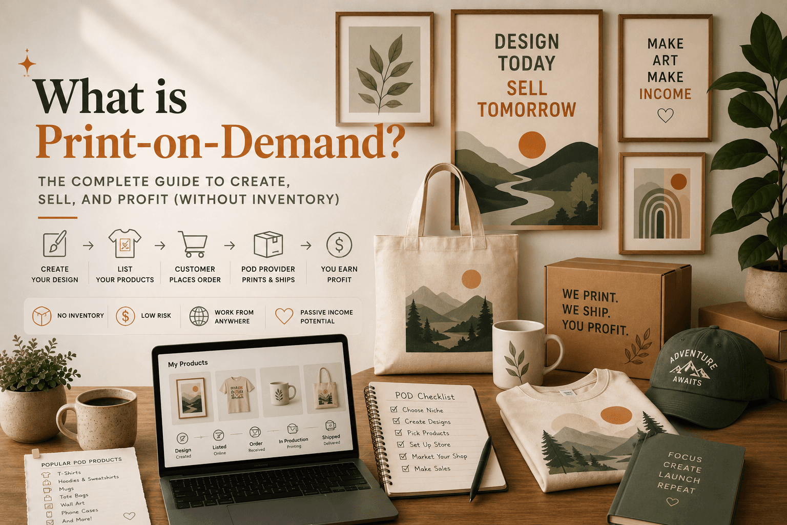 Cover image for a beginner print on demand guide showing POD products and an online selling workflow.