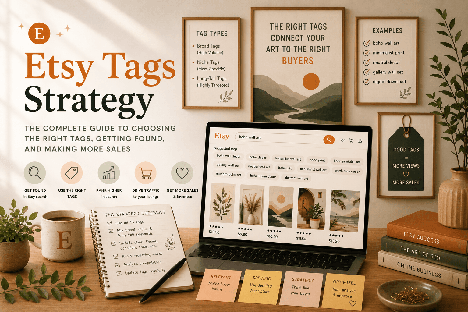 Cover image for an Etsy tags strategy guide focused on choosing the best 13 tags and keyword coverage.