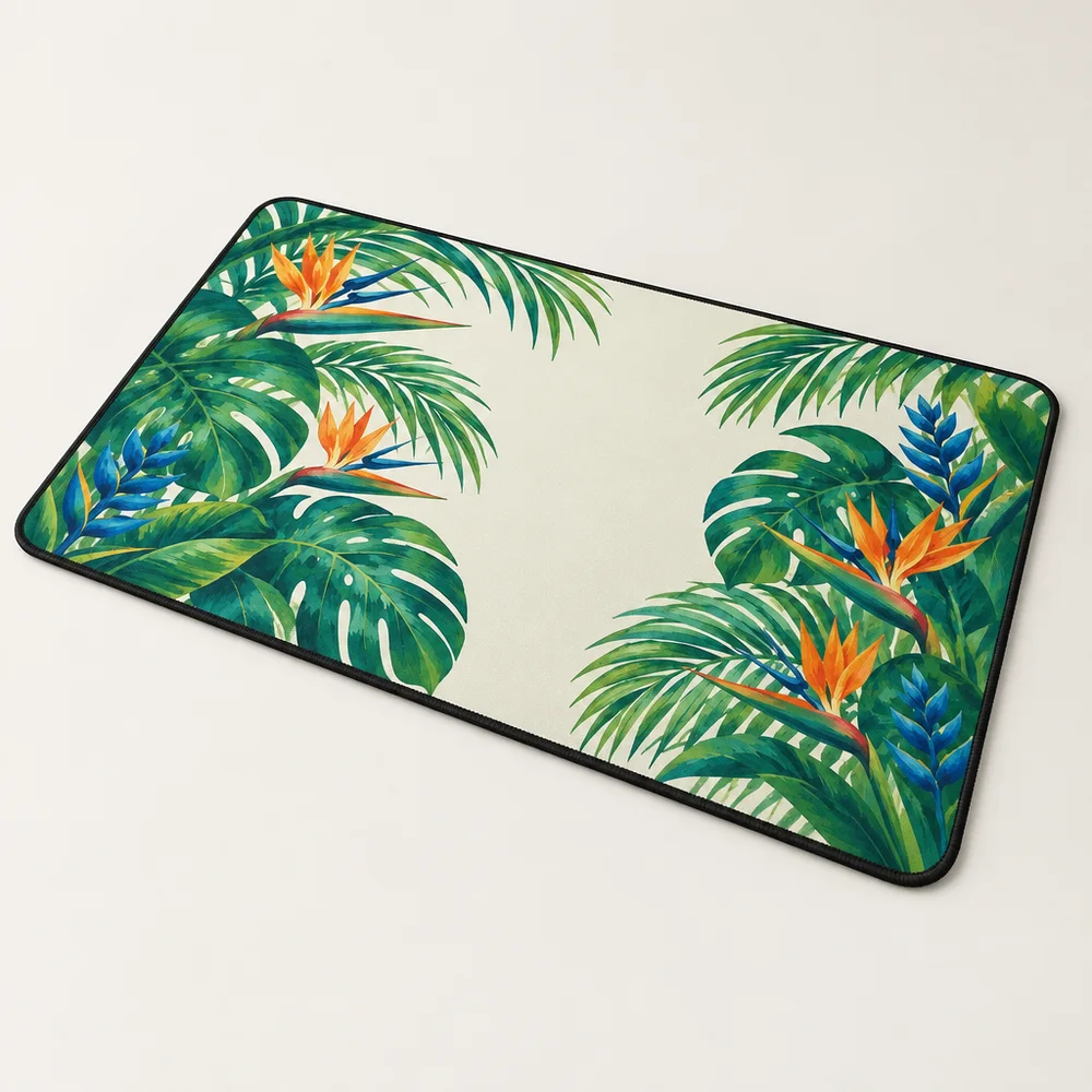Botanical desk mat displayed on a workspace as a print-on-demand product mockup