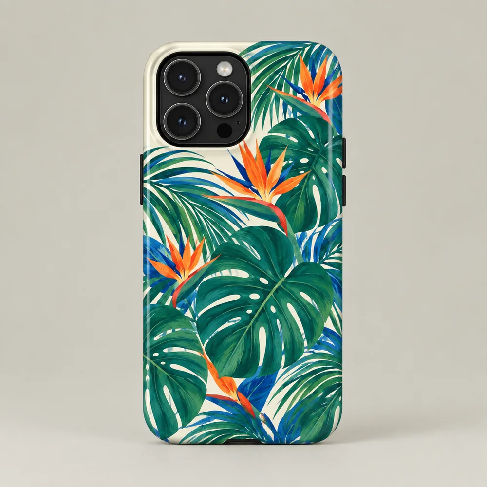 Botanical design displayed on a phone case with its camera opening visible