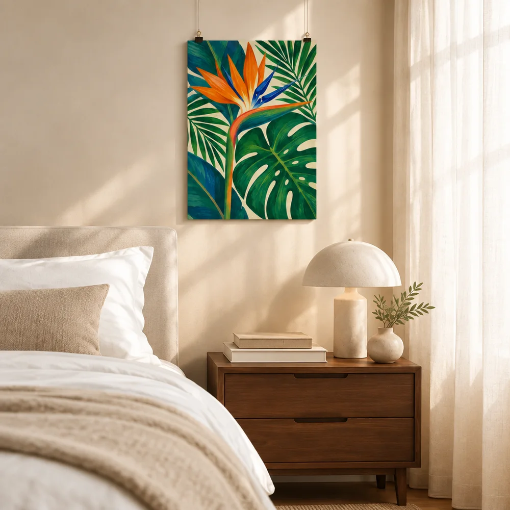 Botanical wall art displayed above a bed in a coordinated room scene