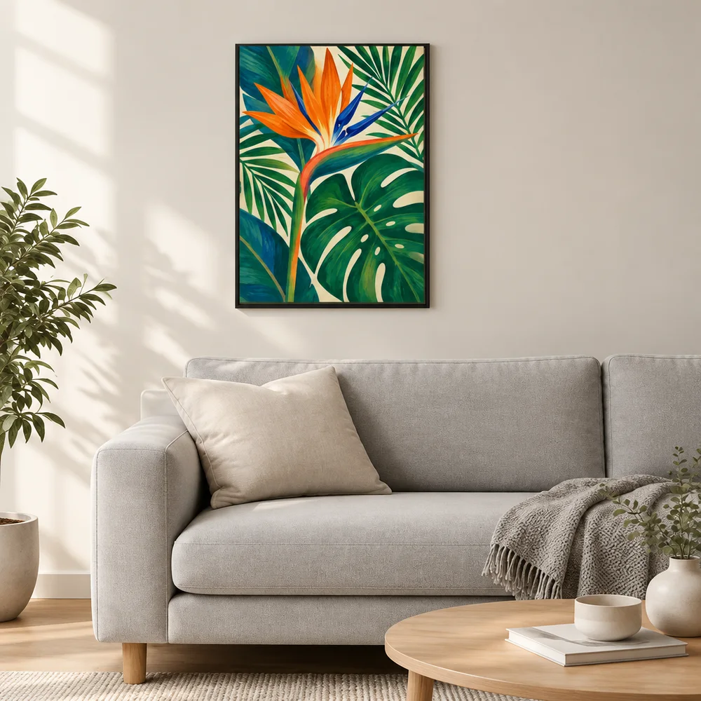 Framed botanical wall art staged above a sofa in a bright living room