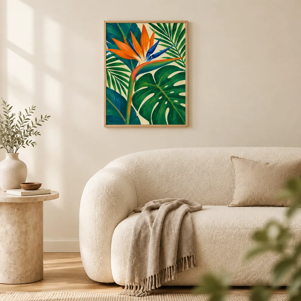 Framed botanical print staged above a sofa in a bright living room