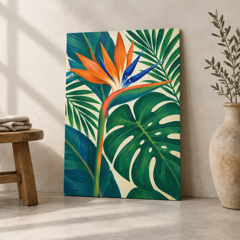 Large botanical art print displayed in a simple room scene